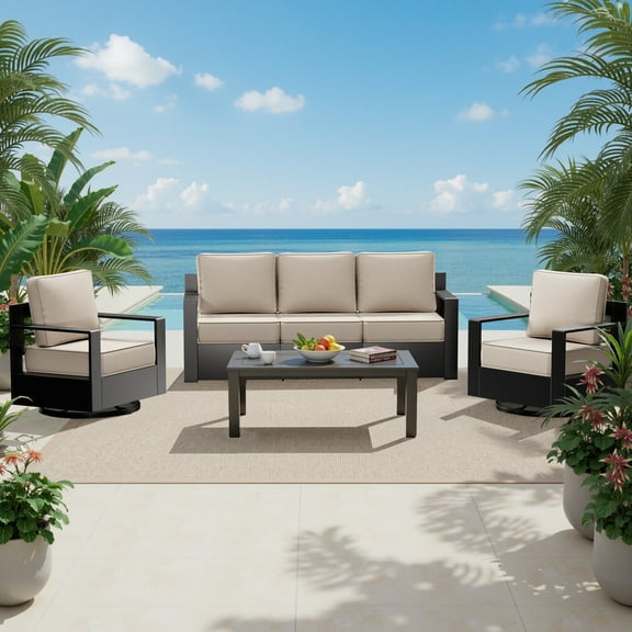 Meetleisure Outdoor Rust-Proof Aluminum Frame 3-Seat Sofa Set, 1 Three-Seat Sofa and 2 Rocking Chairs, Suitable for both Indoor and Outdoor， Beige