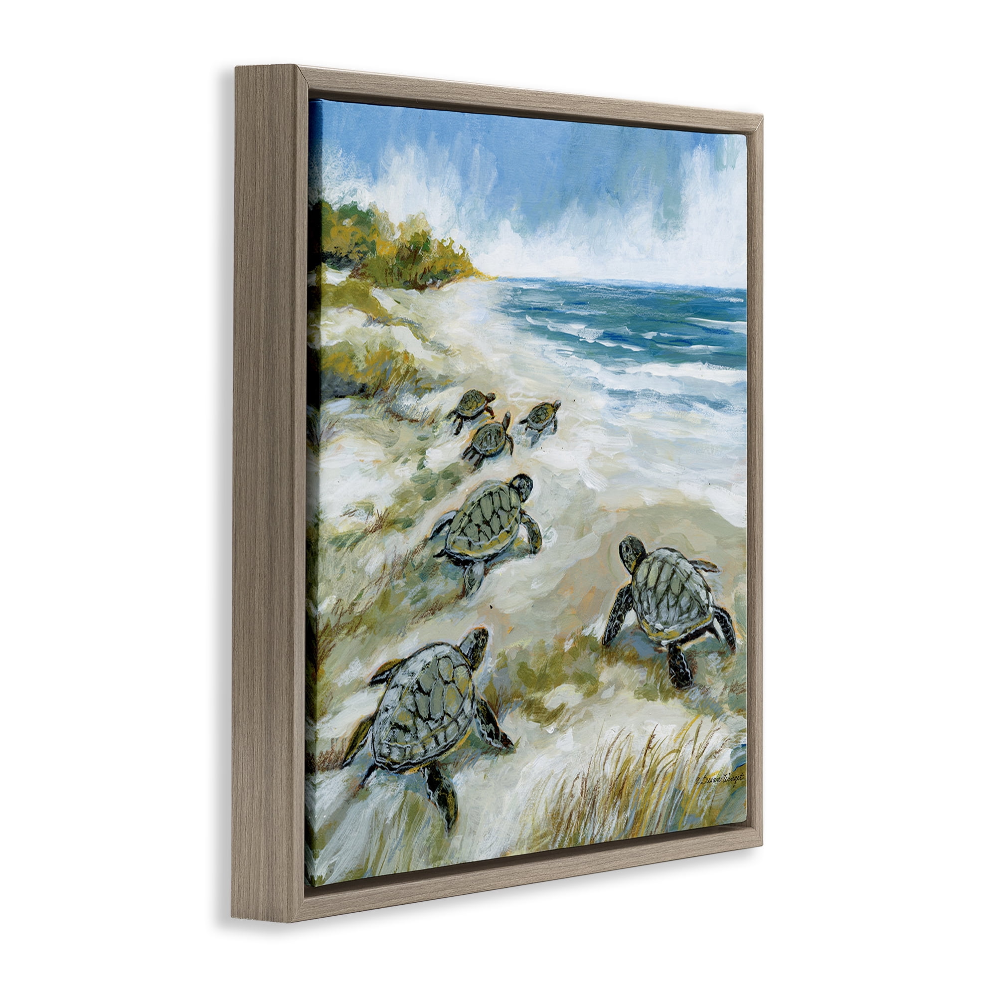 Stupell Industries Baby Sea Turtles on Beach Brown Framed Floater Canvas Wall Art, design by Susan Winget