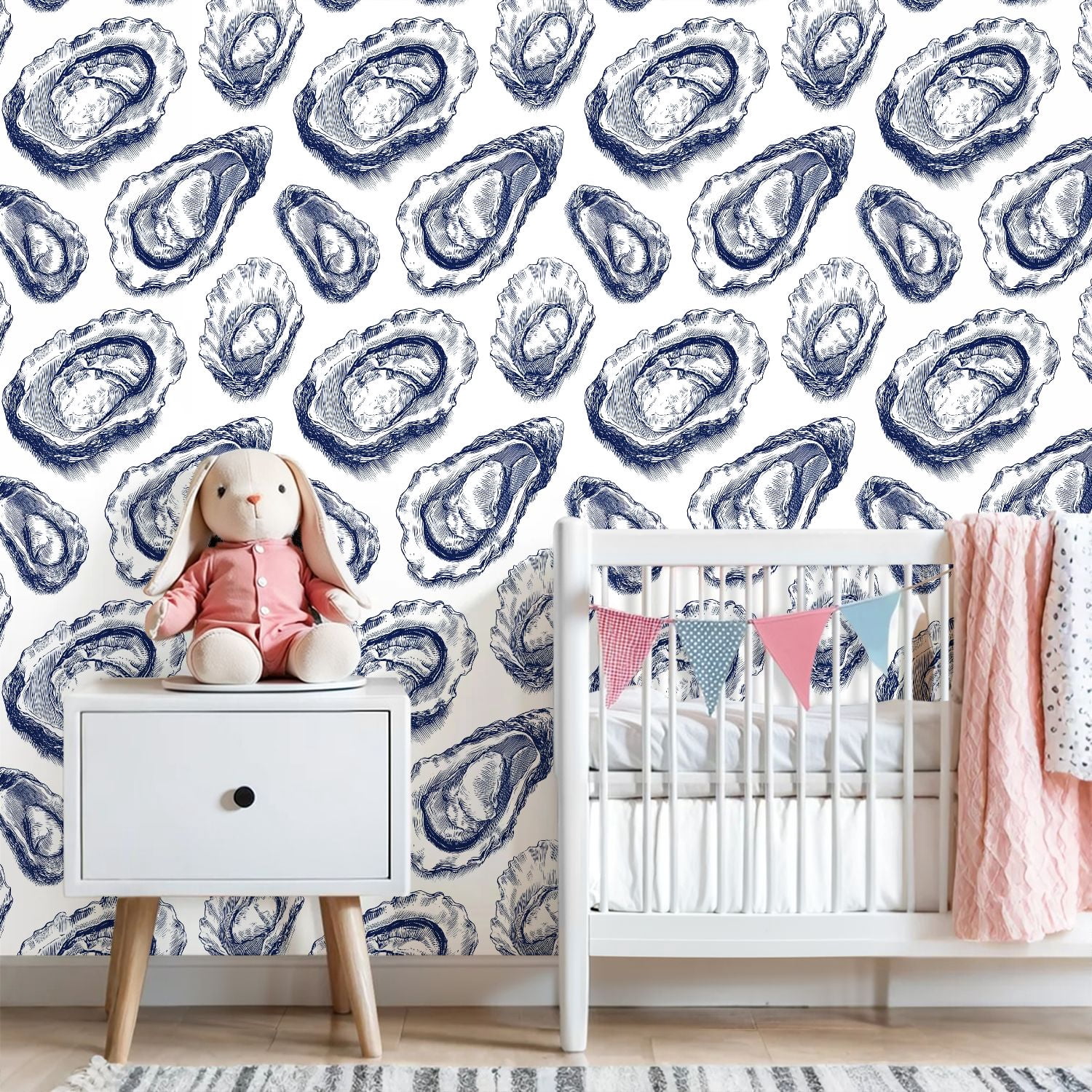 Peel and Stick Wallpaper Oysters Hand Drawn Nautical Blue Ink White Wall Mural 23.6in x 9.8ft Self Adhesive Removable Wall Paper Renter Friendly Wallpaper for Bedroom