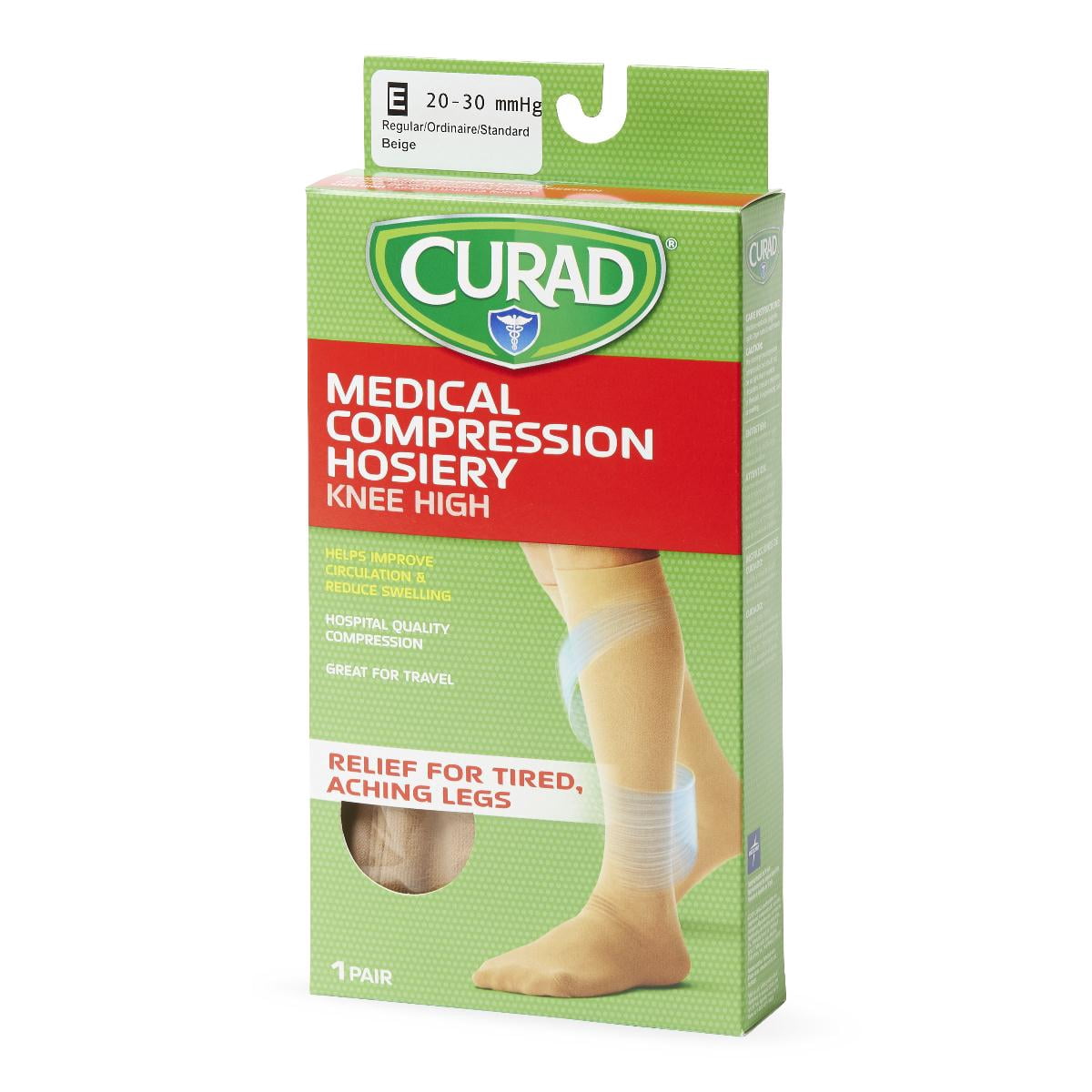CURAD Knee-High Compression Hosiery with 20-30 mmHg, Tan, Size E, Regular Length, 1 Pair