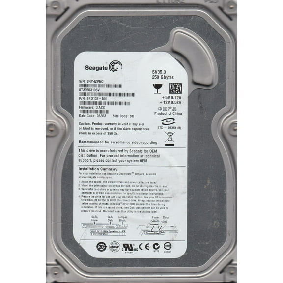ST3250310SV, 6RY, SU, PN 9FD132-501, FW 3.ACC, Seagate 250GB SATA 3.5 Hard Drive