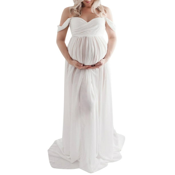 SAYOO Vestido de maternidad para fotografía Color sólido Fuera del hombro Vestido de gasa Frente Split Vestidos largos de embarazo para sesión de fotos SAYOO casual