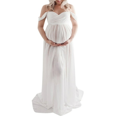

Biekopu Maternity Dress for Photography Off-Shoulder Chiffon Gown Front Split Long Pregnancy Dresses for Photoshoot