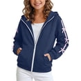 thumbnail image 2 of Girls Loose Fit Zip Front Hooded Jacket, Decorative Ribbon Bows Drawstring Hood Sweatshirt, Cozy Solid Color Outerwear Navy 8-9Years, 2 of 7