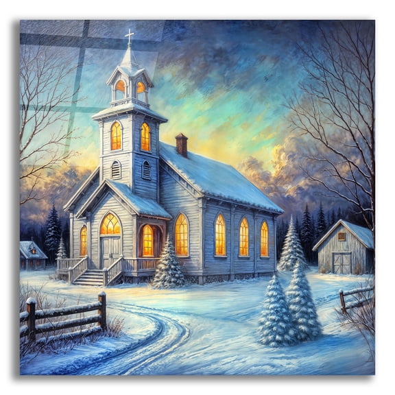Epic Art 'Small White Church In Winter' by Rey Klimt Acrylic Glass Wall Art, 12" x 12"