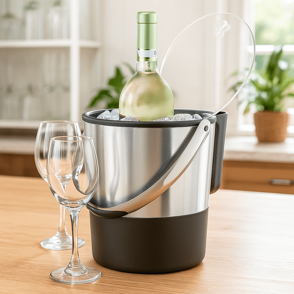 Oggi Ice Bucket with Flip Top and Ice Scoop, Large 4 Qt Capacity, Stainless Steel & Black Model