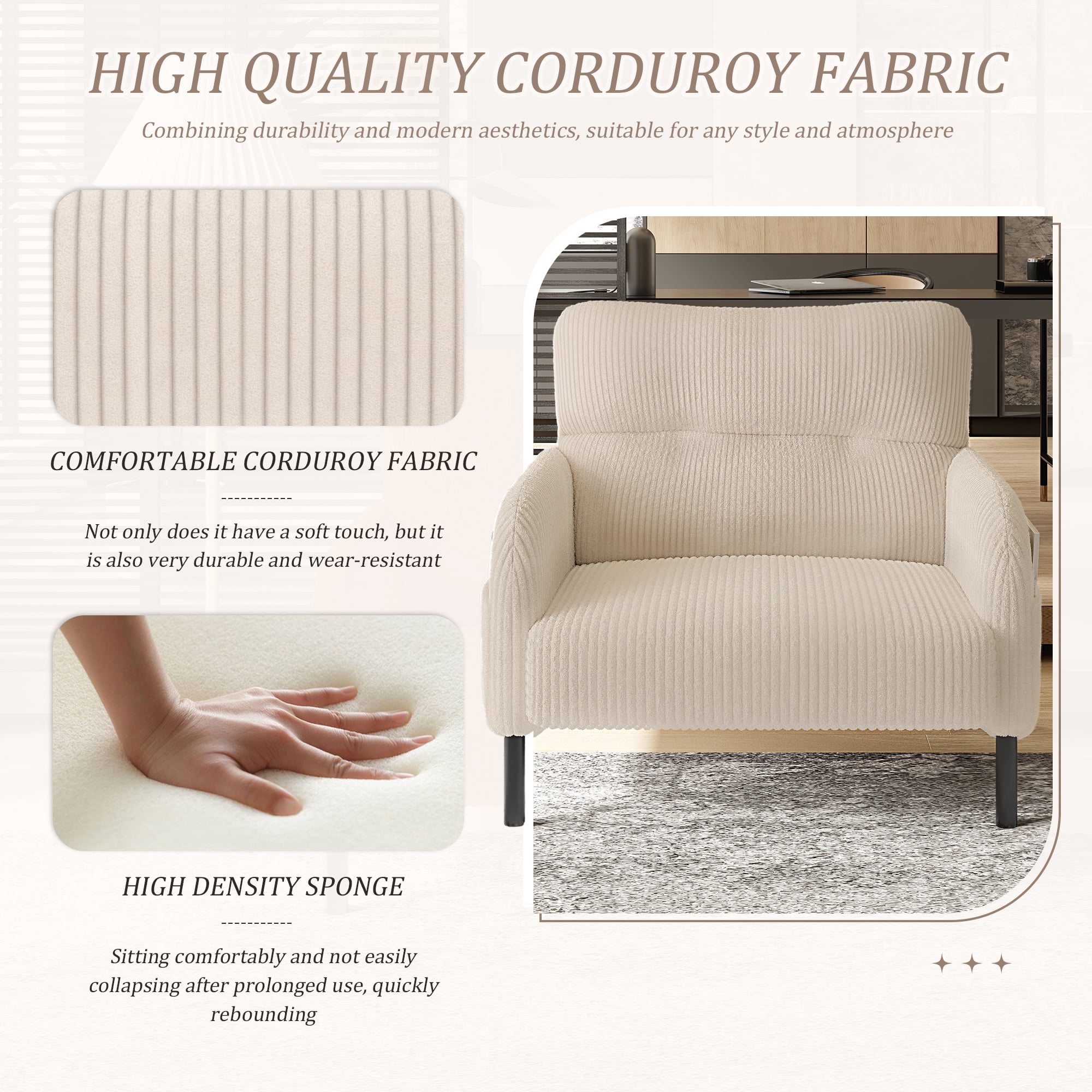 MOONMISS Corduroy Upholstered Comfortable Single Wood Frame Armchair for Living room and Bedroom-Beige
