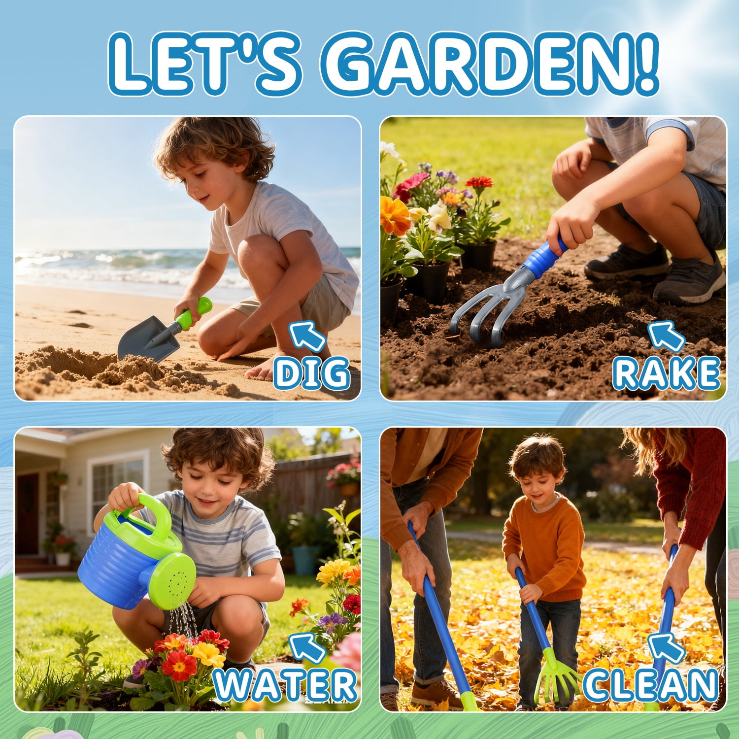JoyStone Kids Gardening Tools Set, 15 PCS Plastic Gardening Set Include Child Safe Rake Shovel with Apron Gloves Watering Can Outdoor Toys Gift for Boys and Girls