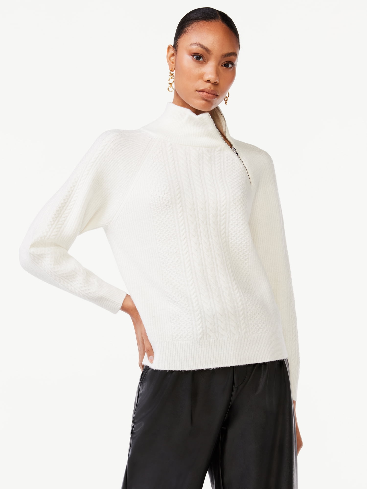 Scoop Women's Zip Neck Cable Sweater, Size: XS, White