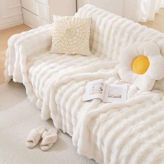 Faux Fur Sofa Cover Blanket 71 x 134 in, Large Fuzzy Couch Throw for Sectional L Shaped Sofa, Thick Cozy Shaggy Slipcover for Loveseat Sofabed, Pet Friendly Living Room Decor, White