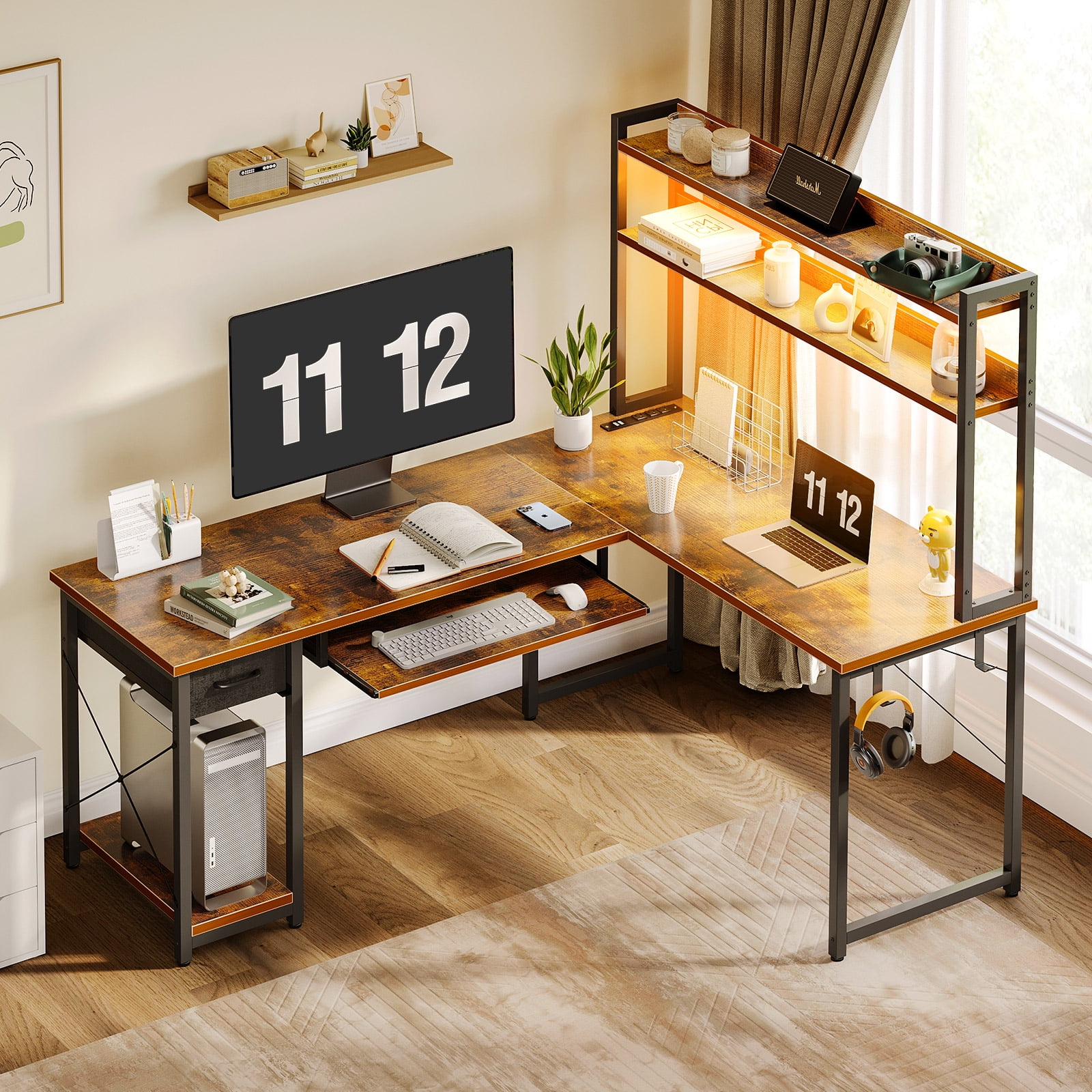 59" Reversible L-Shaped Gaming Desk with Power Outlets & LED Lights, Office Desk with Storage Drawer & Keyboard Tray for Home Office, Corner Computer Desk with Hutch, Vintage