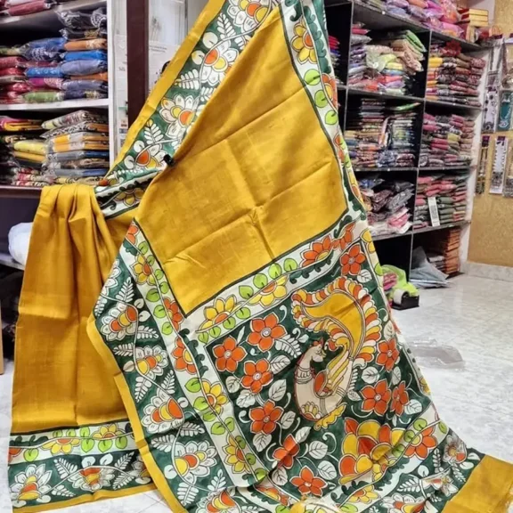 Golden Yellow Pure Silk Hand Painted Kalamkari Pure Saree