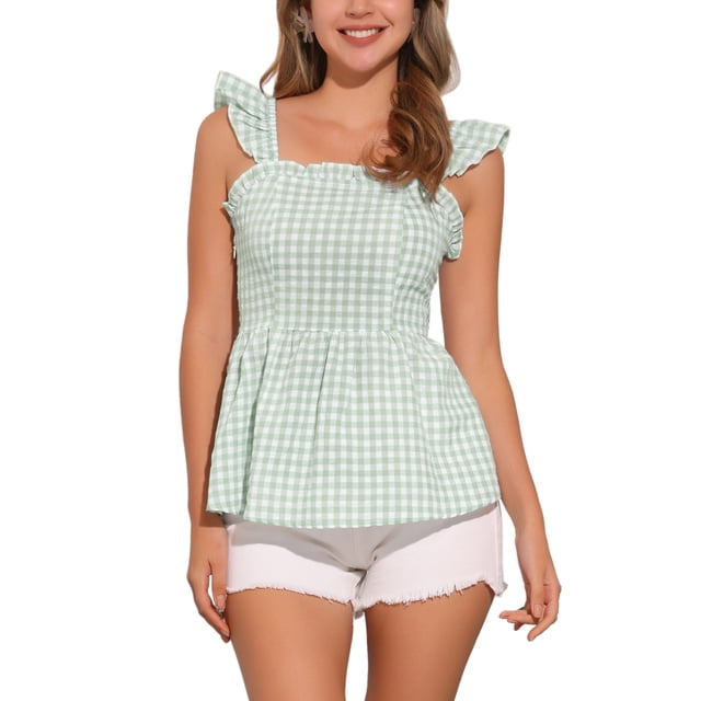 INSPIRAR CHIC Blusa de cuadros con peplum para mujer, cuello cuadrado, sin mangas, verano, color verde claro, talla S