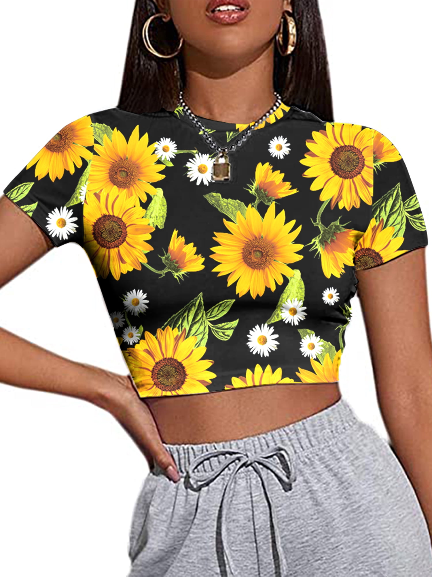 Women's Sunflower Graphic Crop Top - Sleeveless, Cotton Blend, Casual Summer Tank, Apricot, Small