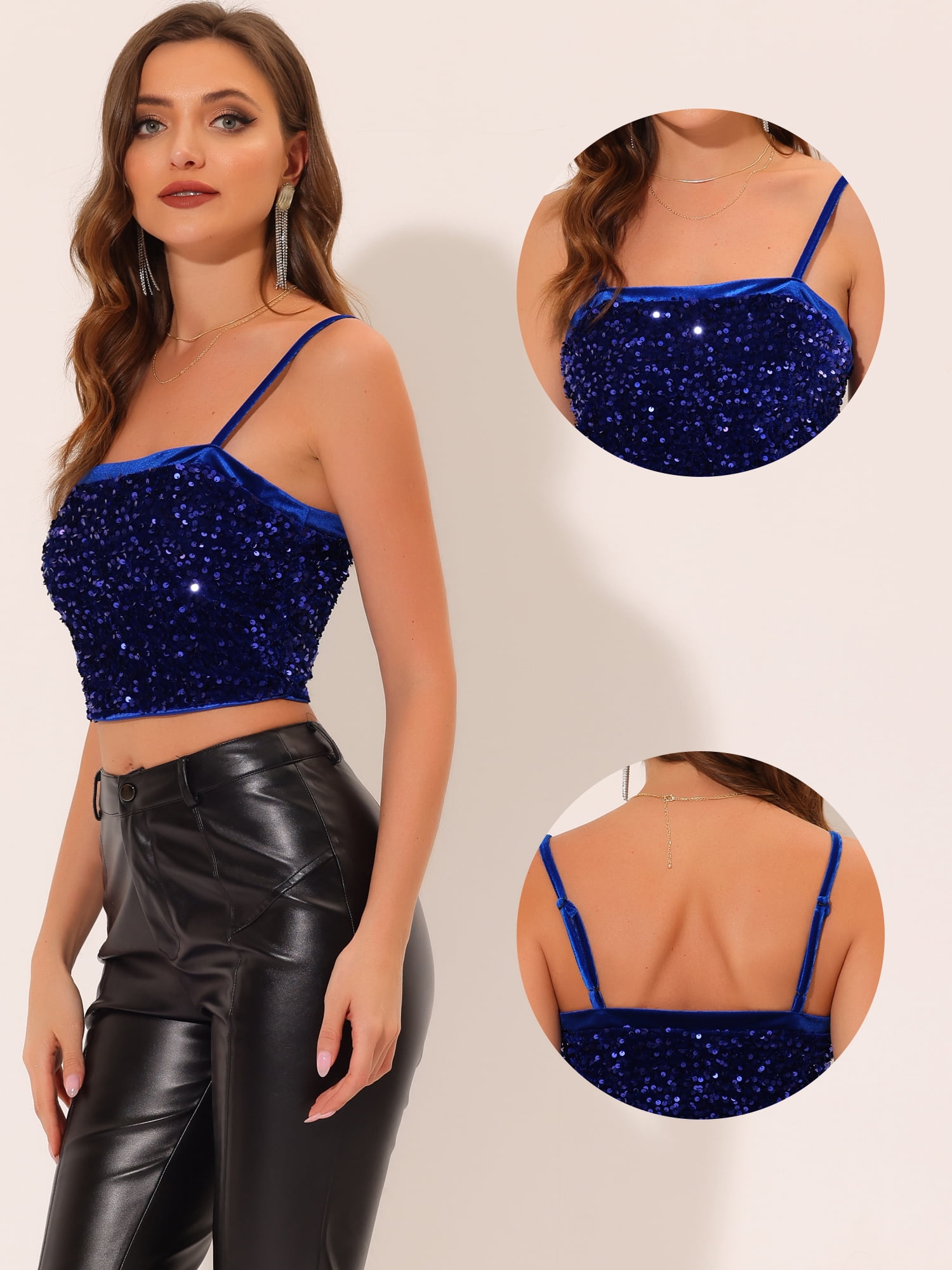 DARING DIVA Women's Velvet Spaghetti Strap Glitter Sequin Cami Top M Navy Blue