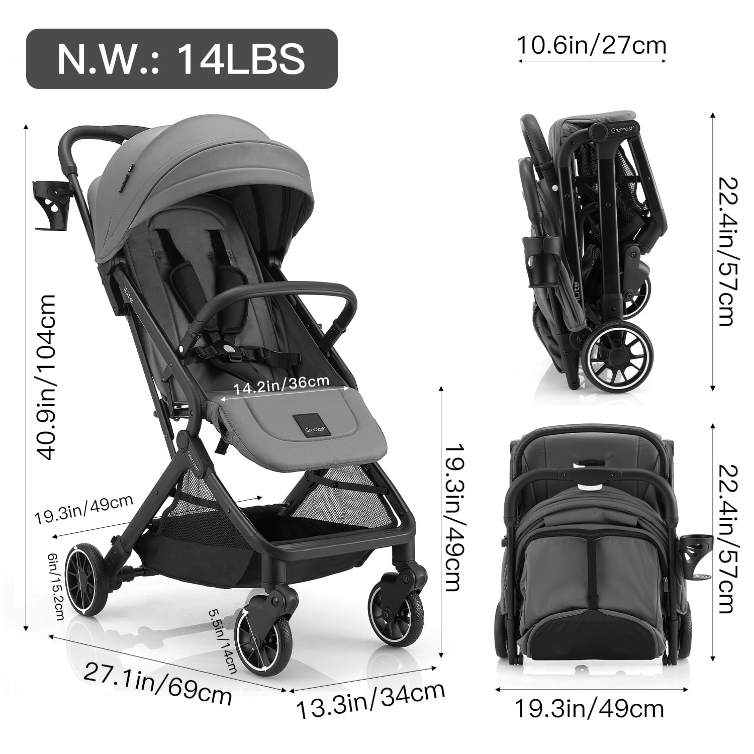 Gromast Compact Fold Baby Stroller, Lightweight Travel Toddler Stroller with One-Click Fold, Extendable UPF50+ Canopy, Cup Holder, UV Protected and Waterproof, One-Hand Folding - Gray