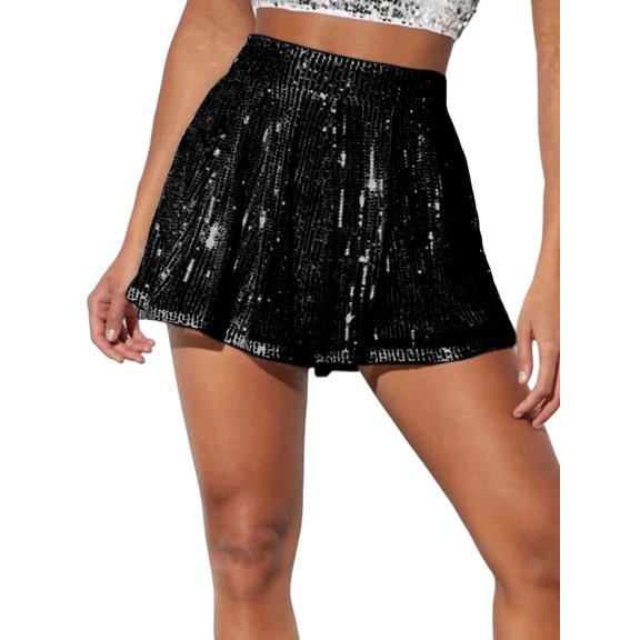 Womens Sparkly Sequin Shorts Glittery Skort Party Wear Disco Shiny Metallic Skirt Shorts Black M
