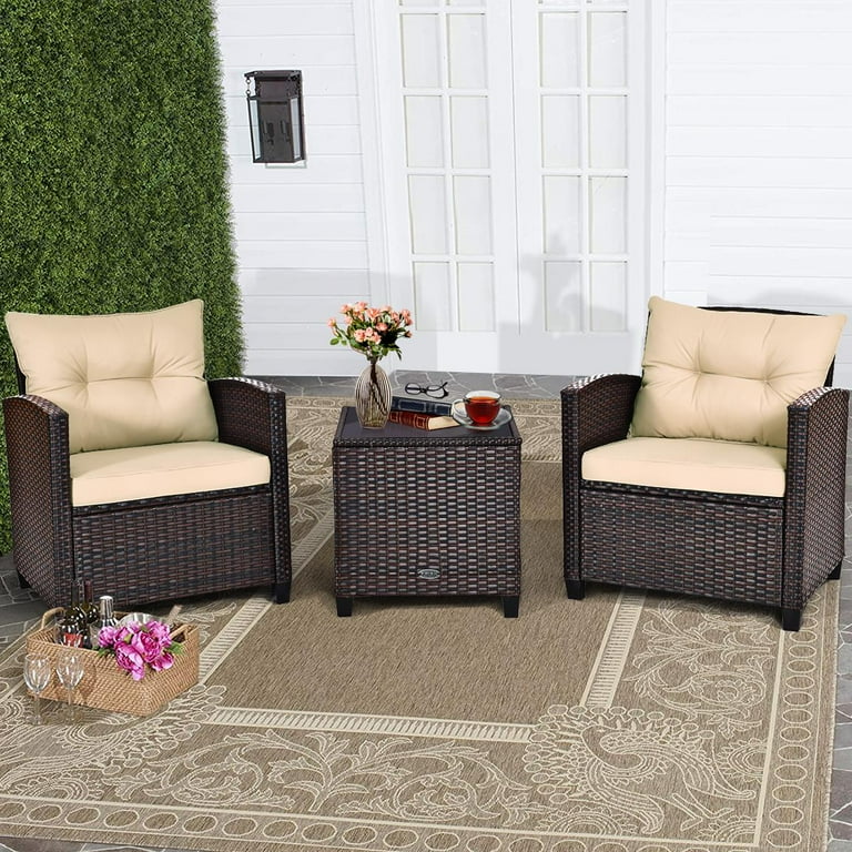 Giantex 3 Pieces Patio Furniture Set PE Rattan Wicker 3 Pieces Outdoor Sofa Set with Washable Cushion and Tempered Glass Tabletop Conversation