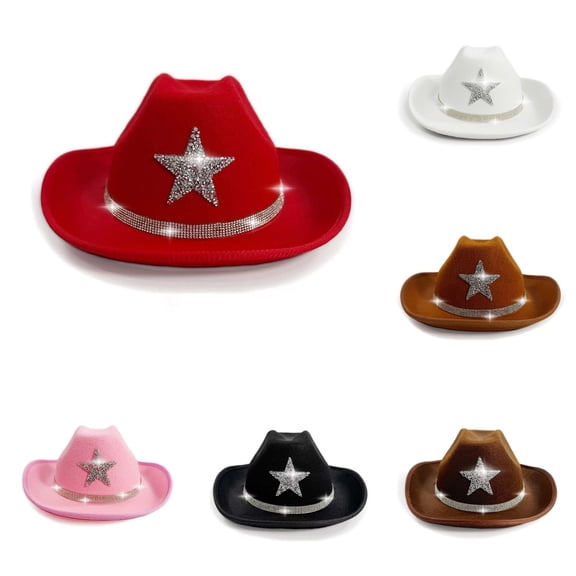 Oiyii Toddler Girl's Sparkling Cow Boy Hats Rhinestone‑Star Fedoras, Red