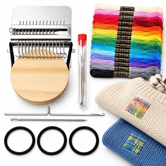 Knitted Patch Kit, 14-Hook Visible Mending Loom with 36 Colors Embroidery Floss, Darning Needles and Repair Tools for Sweaters, Socks and Knitwear