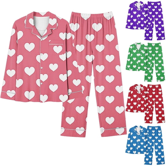 VBTAPA Womens Pajama Sets Valentine's Day Sleepwear Cute Heart Printed Long Sleeve Button Down Shirt and Wide Leg Long Pants 2 Piece Pjs Set Lounge Sets with Pocket Blue XXXL