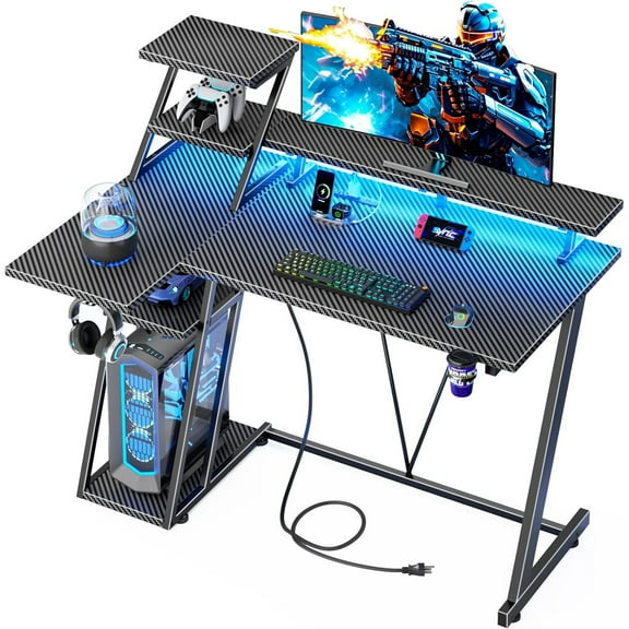 40 Inch Gaming Desk with LED Lights & Power Outlet, Small Gaming Computer Desk with Storage Shelves, L Shaped Gamer Workstations with Monitor Stand for Bedroom, Carbon Fiber Black