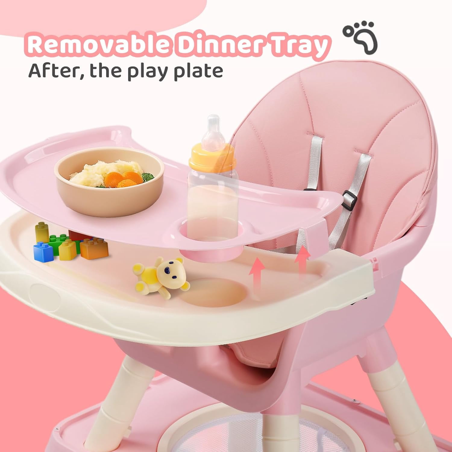 Zimtown Baby High Chair, 6 in 1 Convertible High Chairs for Babies and Toddlers, Portable Feeding Chair with 5-Point Safety Harness, Adjustable Dining Tray, Pink