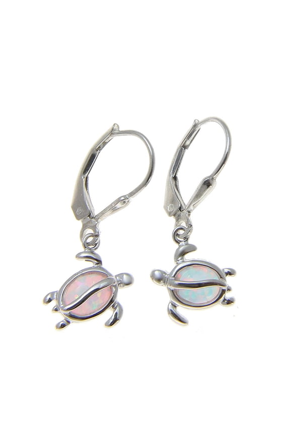 925 Sterling silver Hawaiian honu turtle white synthetic opal leverback earrings
