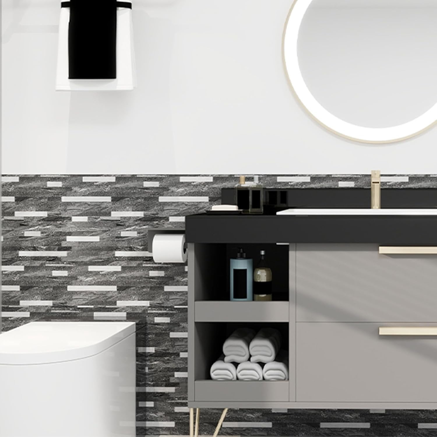 Peel and Stick Marble Backsplash Tile, 10 Sheets, Black Marble with  Embellished Stripes, Self-Adhesive Wall Tile for Kitchen, Bathroom, Fireplace, RV (11.4" x 10.6")