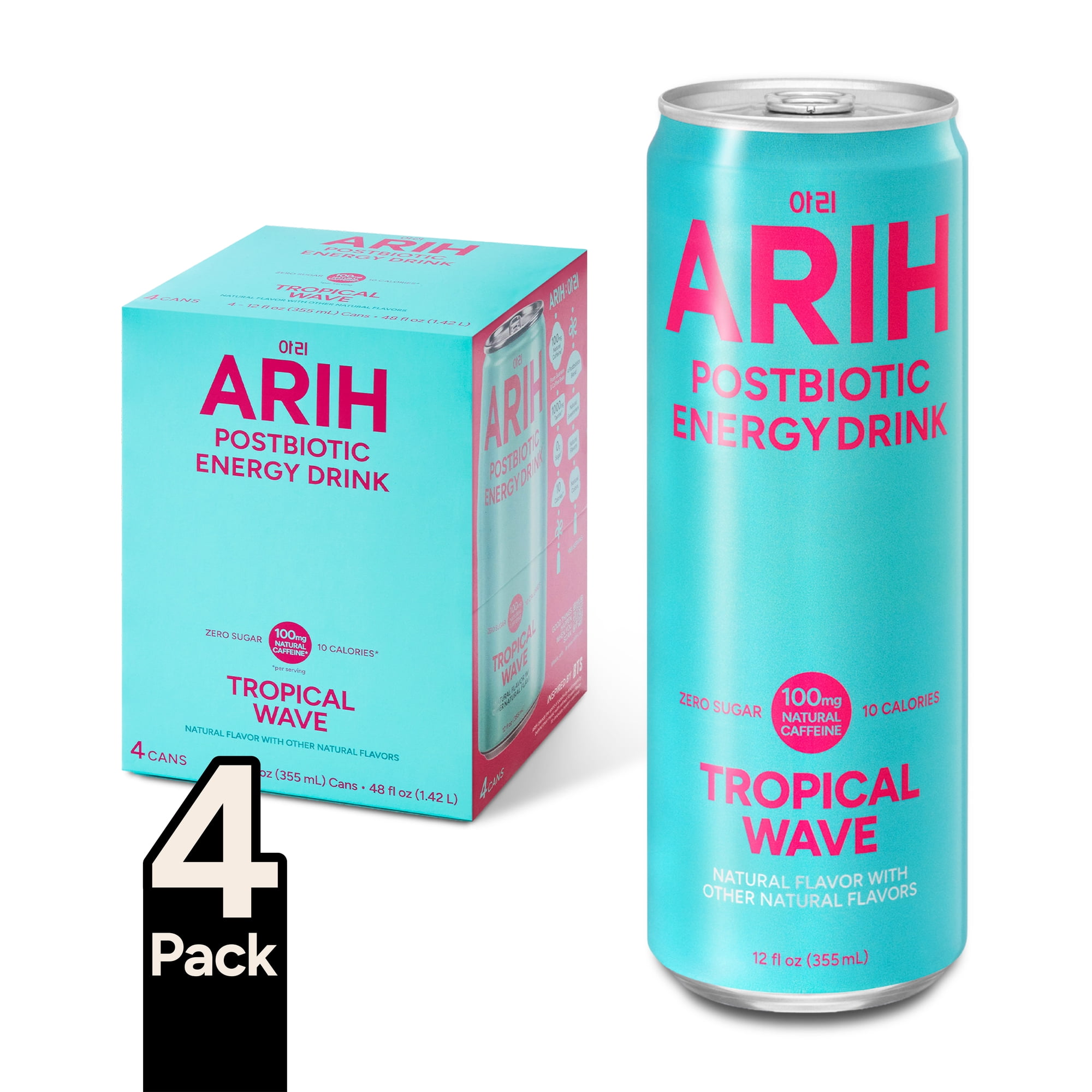 ARIH Postbiotic Energy Drink, Zero Sugar, 100mg Natural Caffeine, Tropical Wave, 12 fl oz, 4 Pack