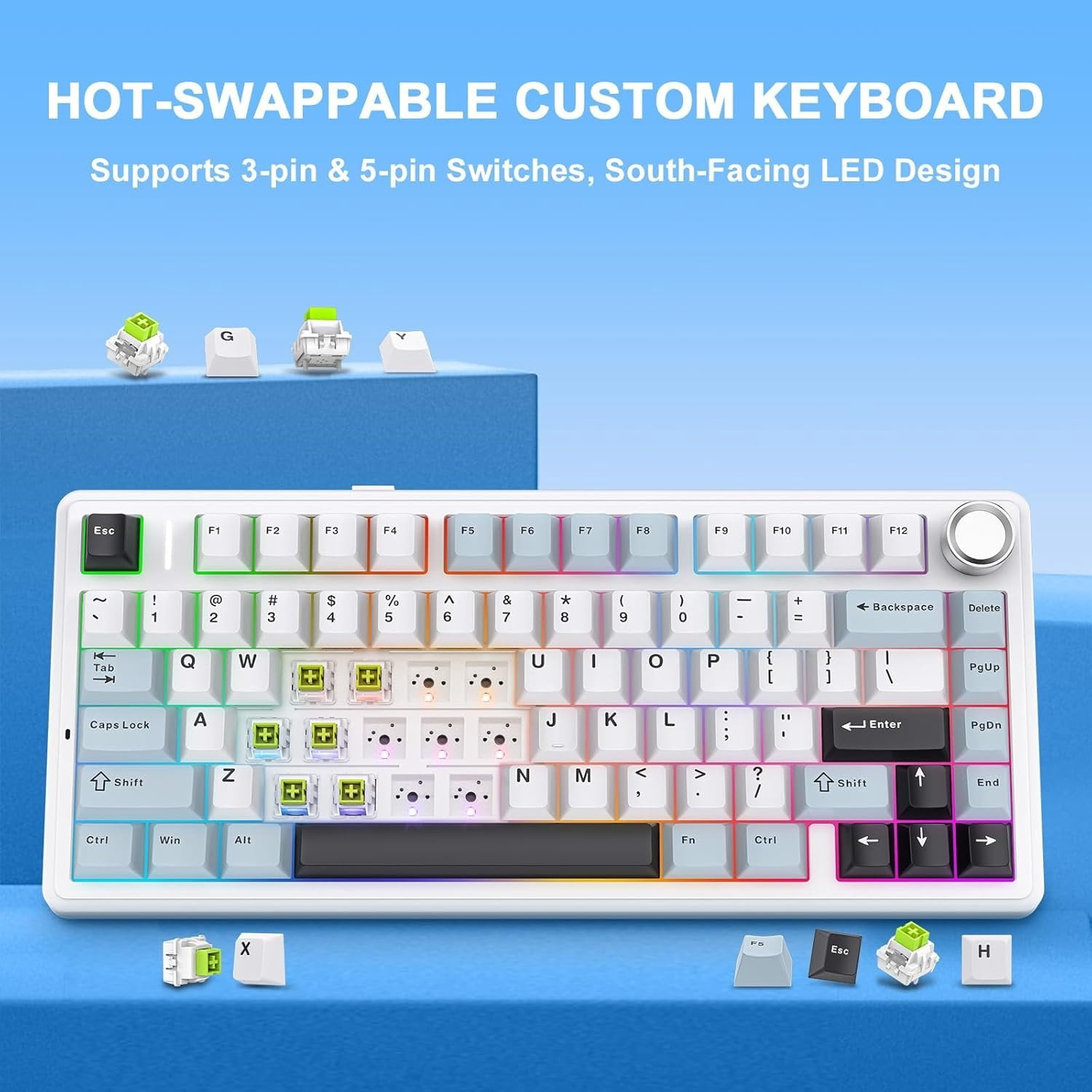 AULA F75 - 75% Mechanical Keyboard,Hot Swappable Custom Gaming Keyboard with Knob,BT5.0/2.4GHz/USB-C,RGB Backlit,Pre-lubed Reaper Switches,Double Shot PBT Keycaps,Mechanical Gaming Keyboards
