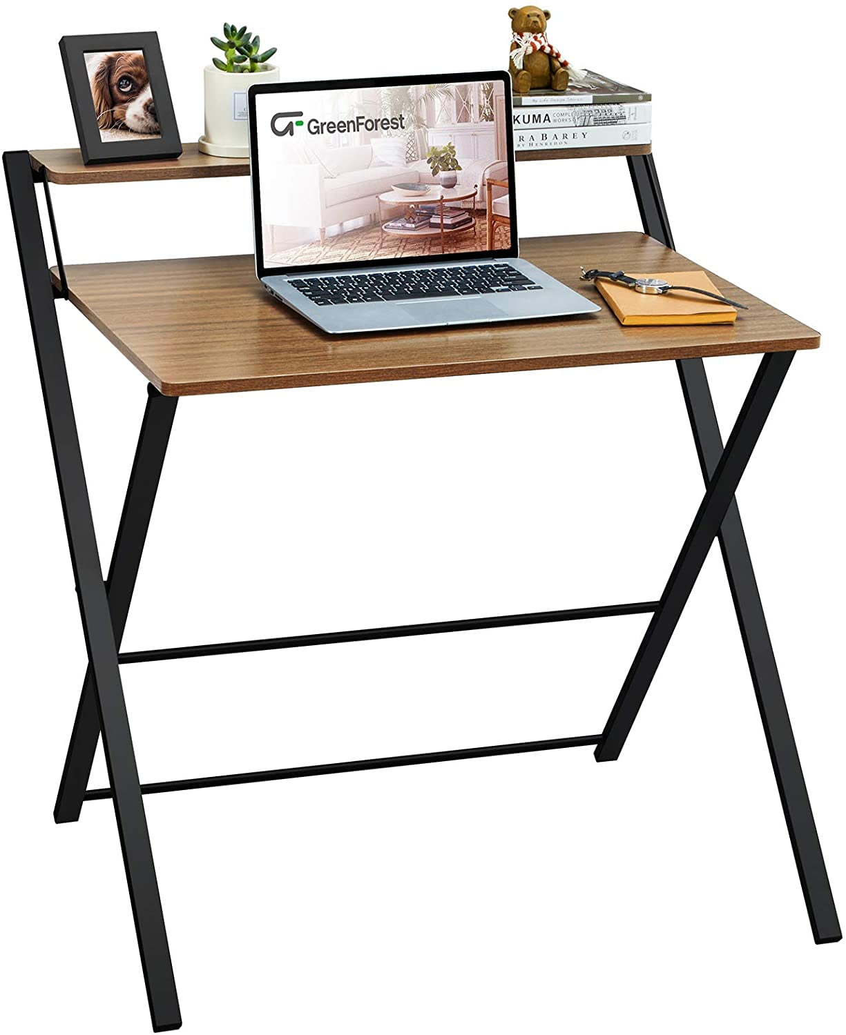 Espresso GreenForest Folding Desk and Coffee Table 2-Tier No Assembly Required Foldable Table Industrial Open Shelf Coffee Table with Metal Frame Brown