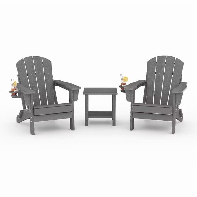 Garvee Ensemble de 2 Chaises Adirondack Pliantes en HDPE avec Table d'Appoint, Porte-Gobelet, Capacité de 380 Lb, Gris