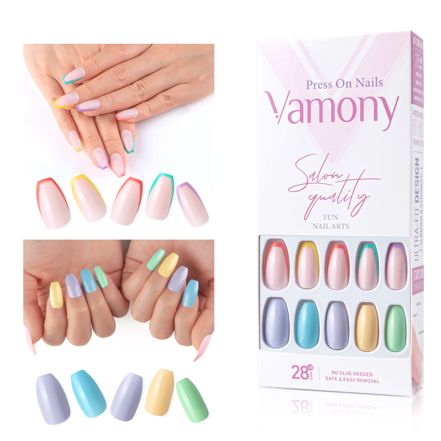Vamony Press on Nails French Tips, 58 Pcs Short Coffin Ballerina Shapes Fake  Nails, Press-on Nails Kit with Adhesive Tabs, Mani Sticks and Files, Artificial  Nails for Girls Women, Summer Nails -