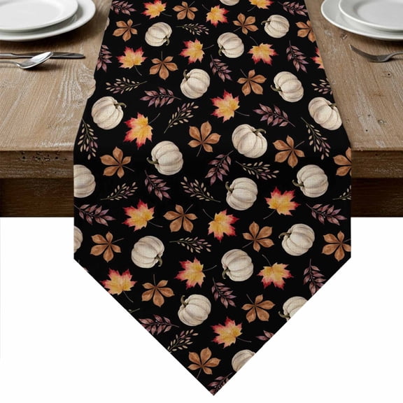 White Pumpkins Fall Table Runner Linen Burlap Table Runner 90 Inches Long Thanksgiving Maple Leaves Black Dresser Scarves for Kitchen Island Coffee Dining Room Party Wedding Holiday Decor 13"x90"