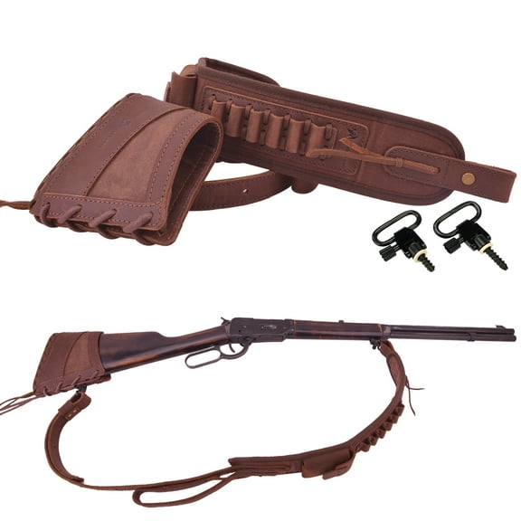 1 Set Leather Rifle Buttstock Recoil Pad WITH Canvas Vintage Gun Sling Strap Swivels .357 .30/30 .38