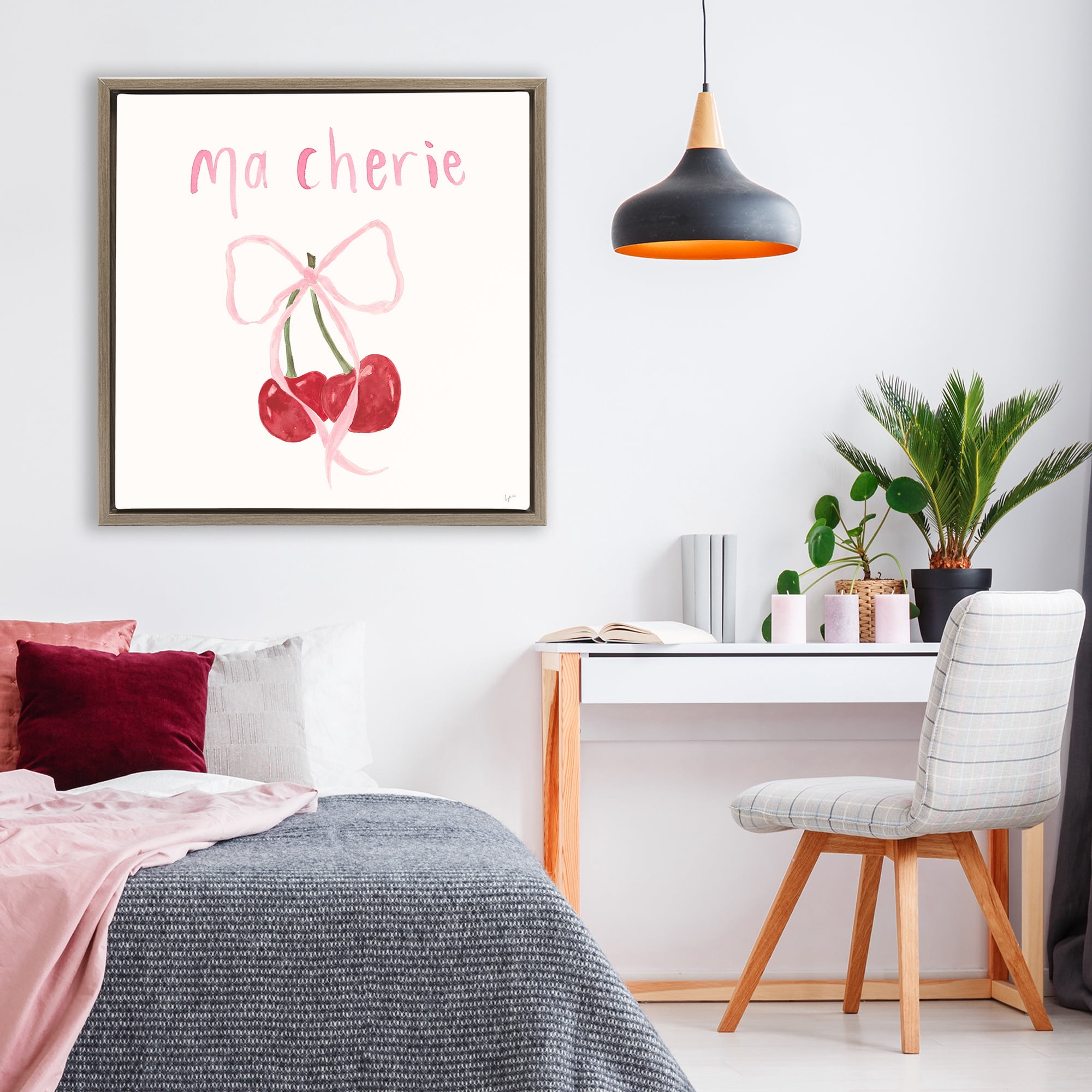 Stupell Industries Ma Cherie Ribboned Cherries Brown Framed Floater Canvas Wall Art, design by Lucille Price