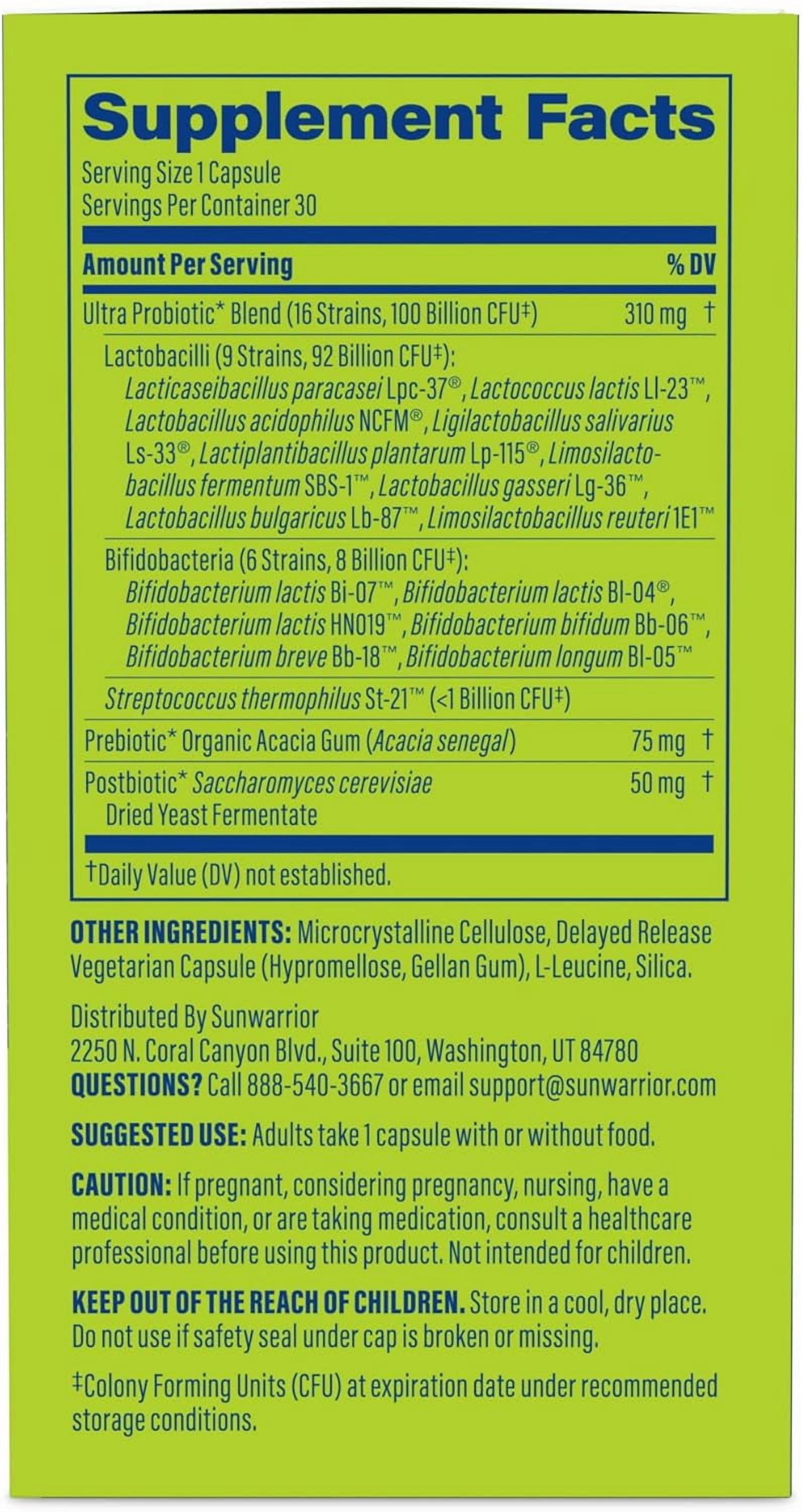 Sunwarrior Active Performance Ultra Probiotic Capsules for Gut Health, 100 Billion CFU, 30 Count