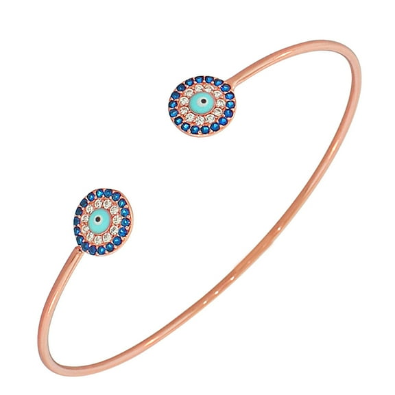 925 Sterling Silver White Blue CZ Protection Evil Eye Open End Bangle Bracelet