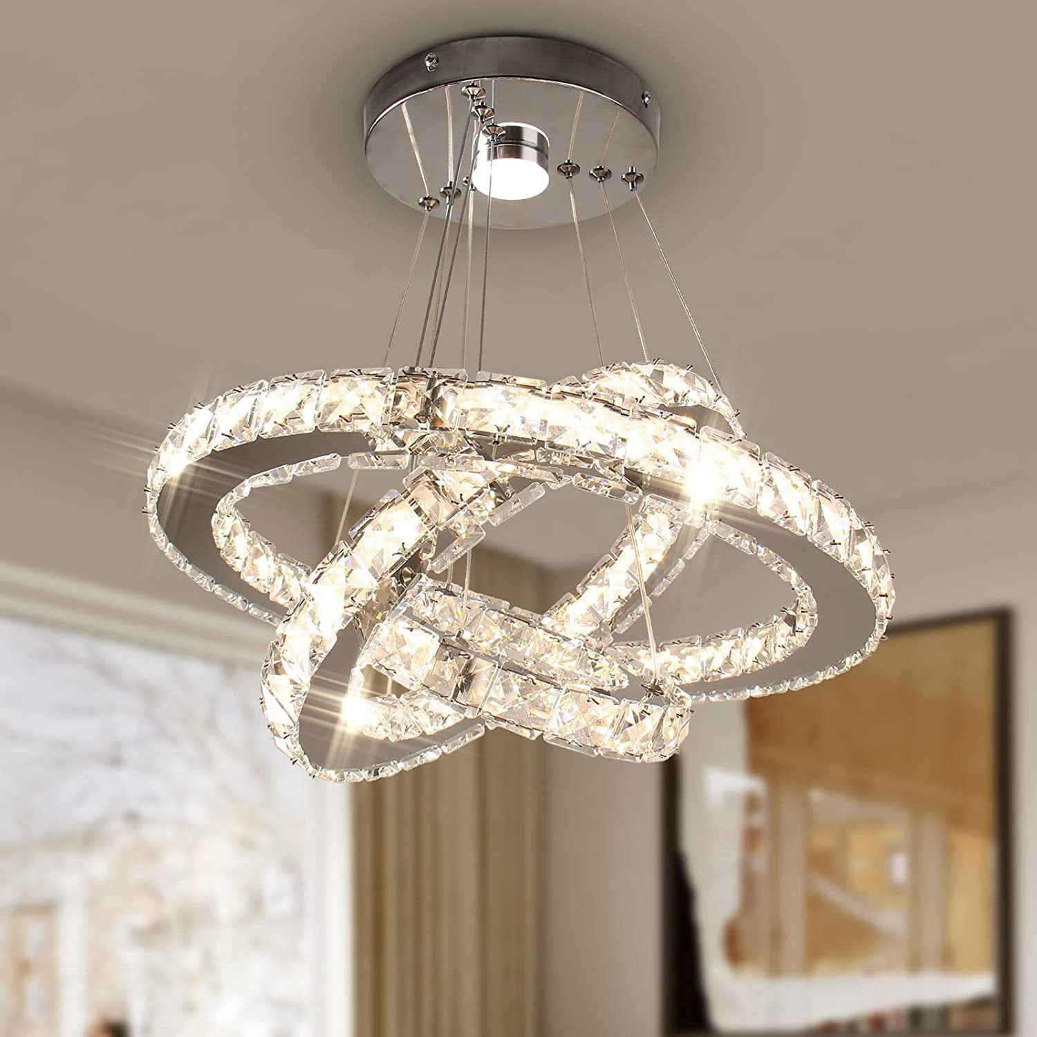 FRIXCHUR Dimmable Crystal Chandeliers LED Ceiling Light Fixture 3 Rings Adjustable Stainless Steel Pendant Light Chandelier(Multi Color)