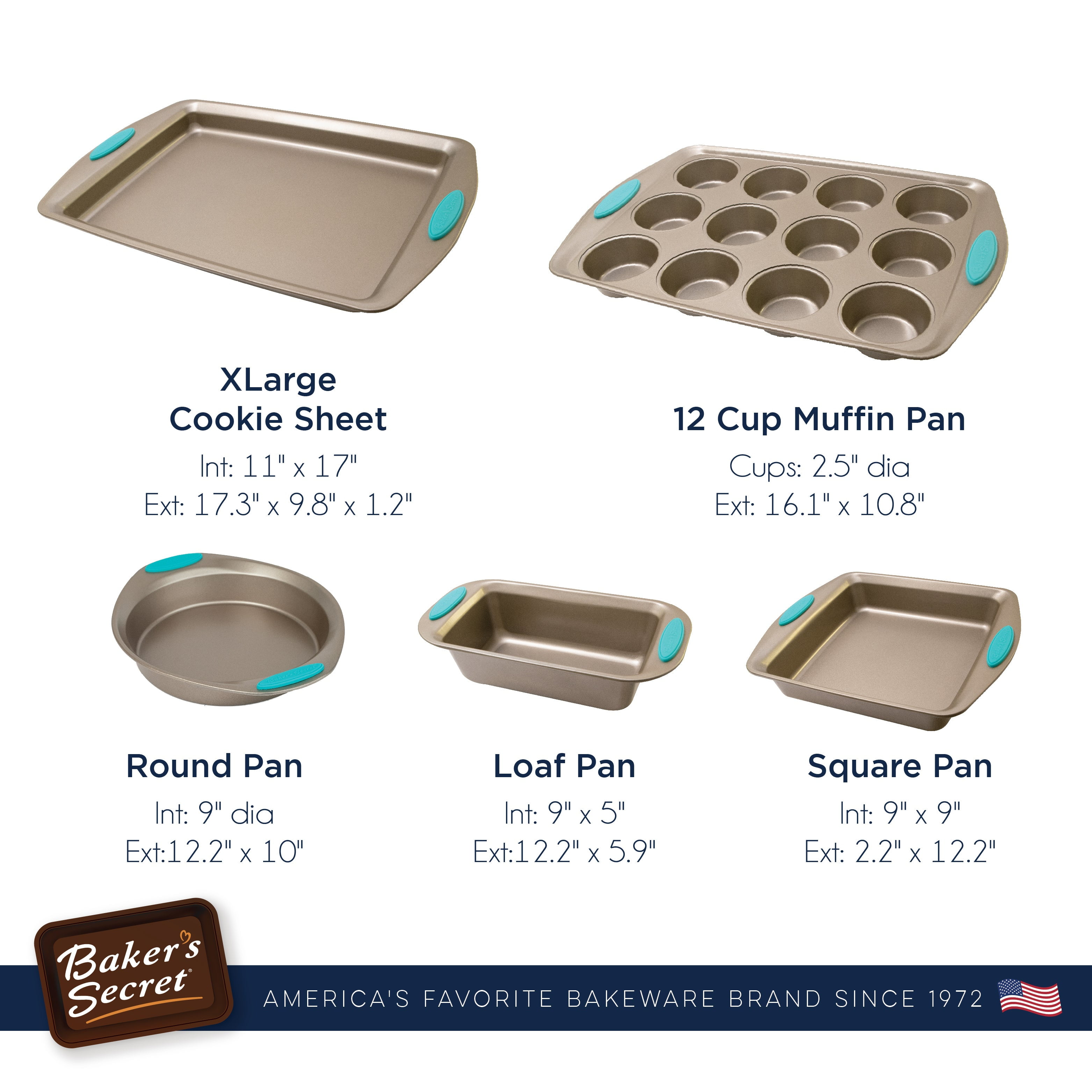Baker's Secret Bakeware sets - 5x Bakeware Pans -Baking Dishes for Oven, Nonstick, with Cookie Sheet, 12cup Muffin pan, Loaf pan, Cake round and square pan, Non stick baking pans sets for all bakers
