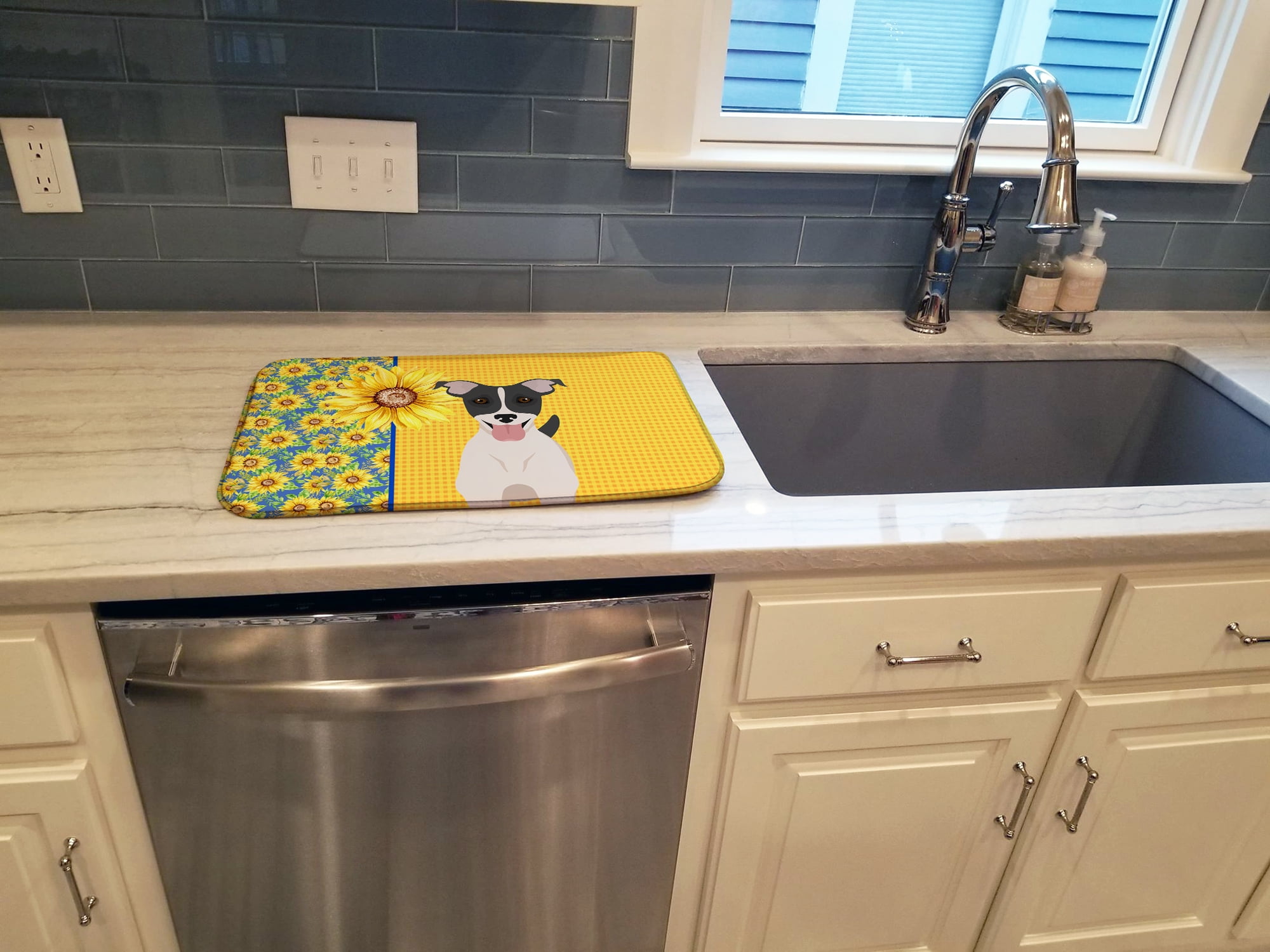 Carolines Treasures WDK5432DDM 21 x 14 in. Summer Sunflowers Black White Smooth Jack Russell Terrier Dish Drying Mat