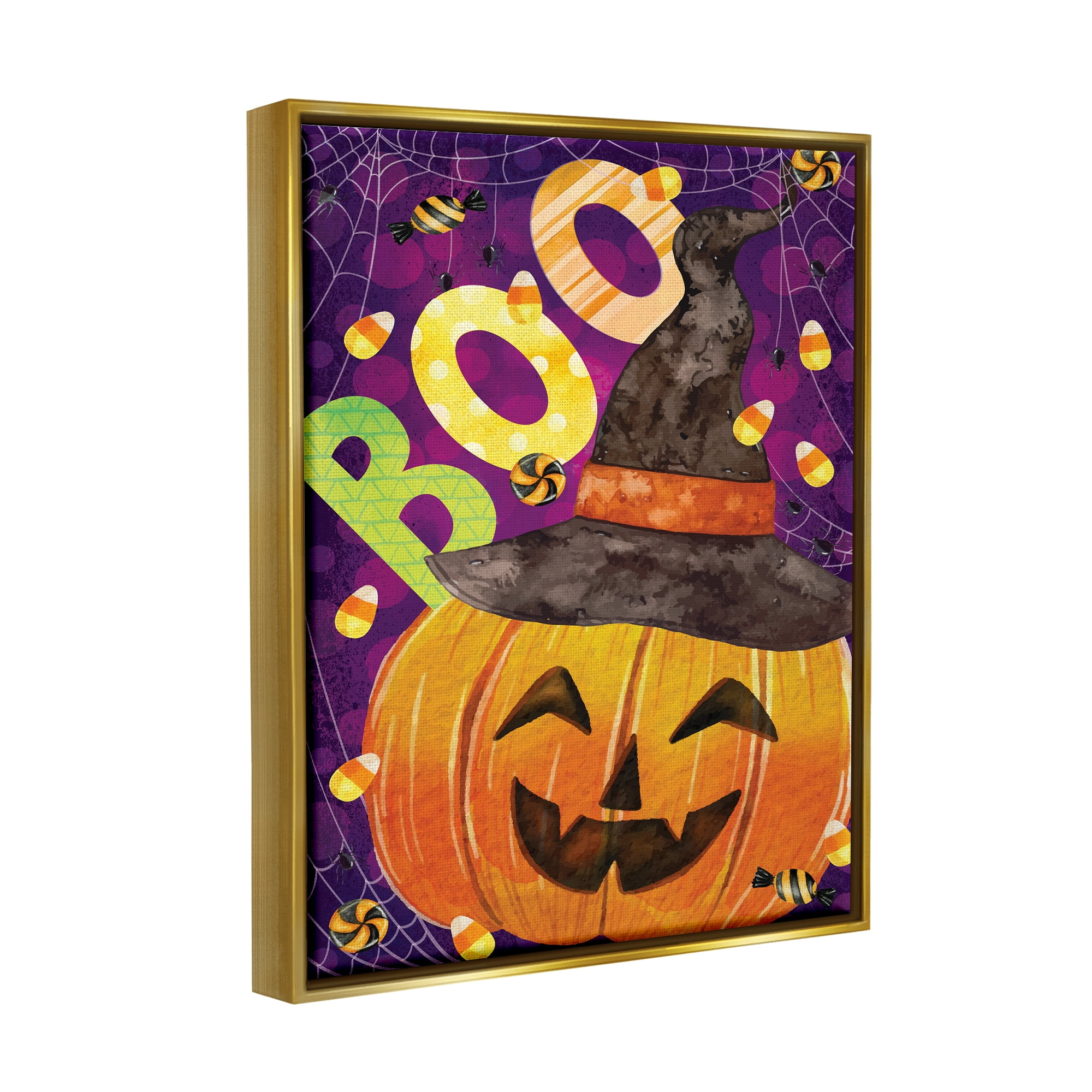 Stupell Industries Boo Jack-o-Lantern Halloween Candy Holiday Painting Gold Floater Framed Art Print Wall Art