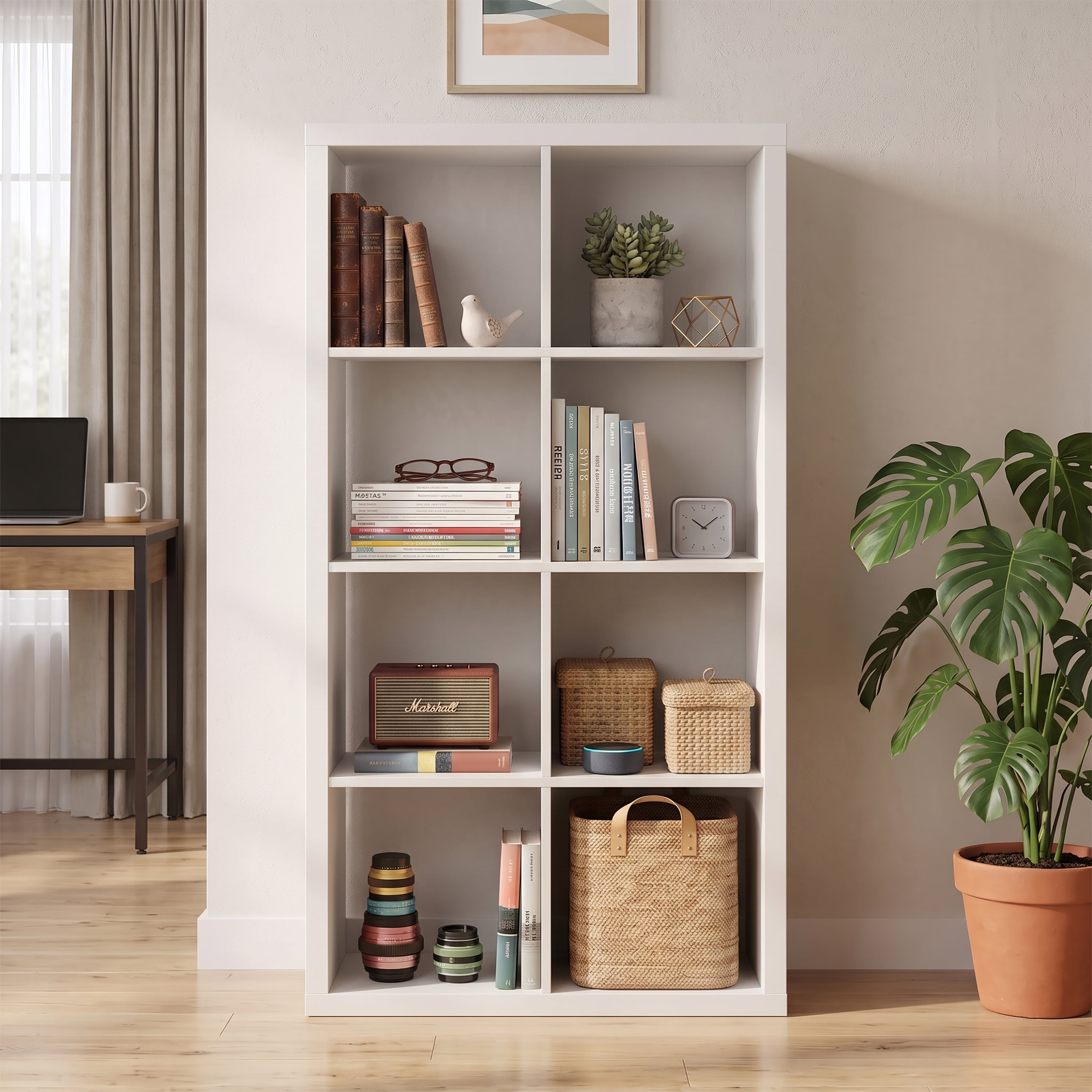 Leumius 8-Cube Open Back Storage Organizer, 2x4 Bookcase Shelving Unit for Home and Office, White