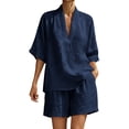 thumbnail image 2 of Cagogo Women Plus Size 2 Piece Set V Neck 3/4 Sleeve Shirt Shorts Casual Solid Loose Travel Outfits Lounge Tracksuits Summer Cruise Clothes Matching Lounge Sets, Navy 3XL, 2 of 8