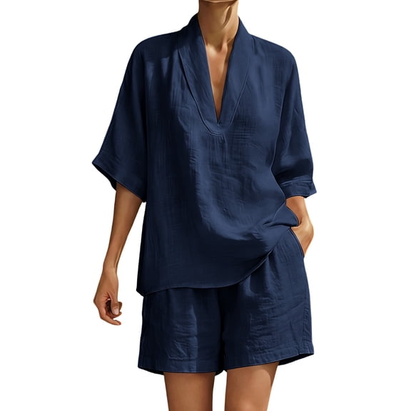 Ecqkame Two Piece Sets for Women Linen V Neck Short Sleeve Tops and Elastic Pockets Shorts Casual Summer Lightweight Vacation Outfit Set Navy M