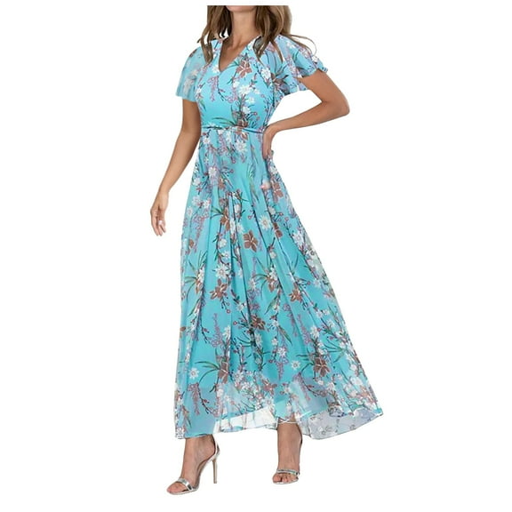 Wsysadlol Dresses for Women Women Floral Chiffon Swing Maxi Dress Short Sleeve Ruffle V-Neck Waisted Flowy Long Dress Fashion Slim Summer Vacation Dress