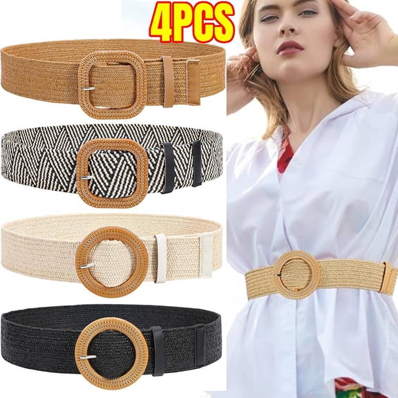 4PCS Women Straw Woven Belt Elastic Rattan Waist Raffia Stretch Braided Belt