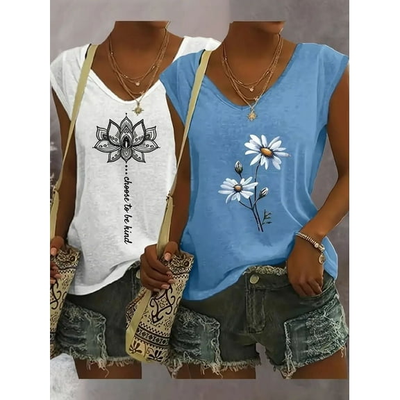 MORTTIC 2-Pack Women's V-Neck Sleeveless Tank Tops Loose Fit Casual Summer Beach Shirts, S