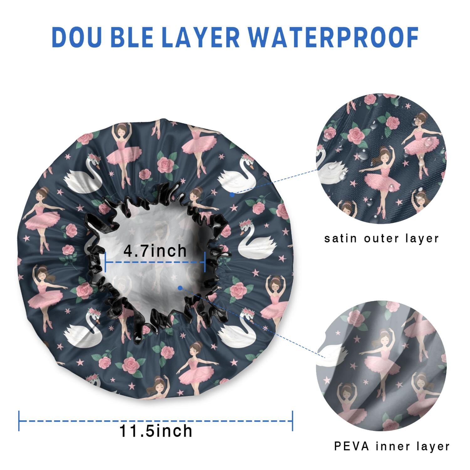 Shower Caps,Dark Blue Ballerina Swan Pattern Waterproof Shower Cap for Women 4 Pieces,Double Reusable Hair Cover for Shower PEVA Elastic Stretch Hem